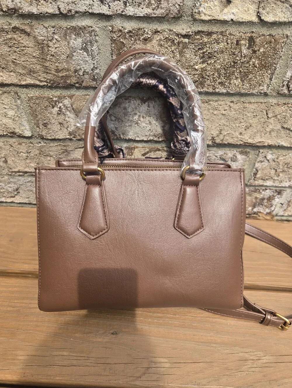 Michael Kors Taupe Leather Satchel with Snake-Print Scarf and Gold Chain